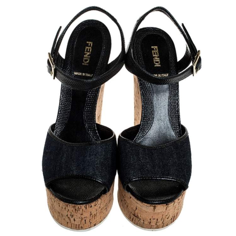 Pre Owned Fendi Blue Denim and Black Lizard Embossed Leather Cork Wedge Platform Ankle Strap Sandals Size 39.5