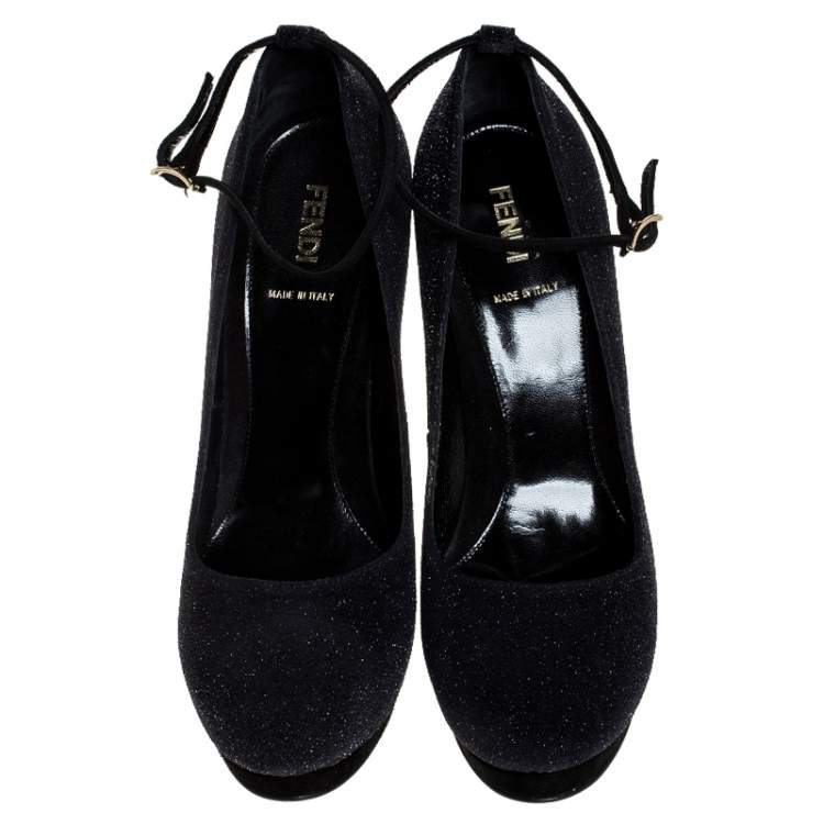Pre Owned Fendi Black Glitter Suede Platform Ankle Strap Pumps Size 38