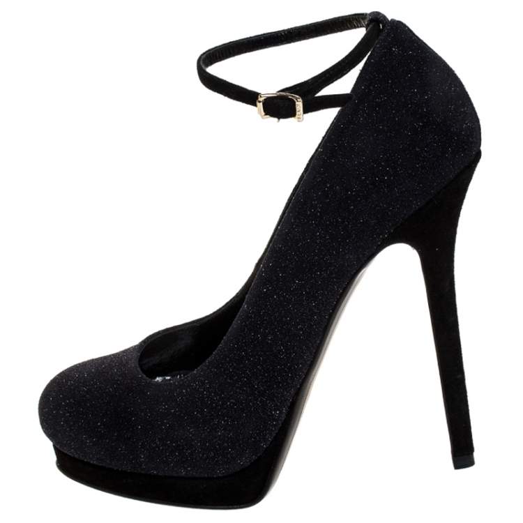 Pre Owned Fendi Black Glitter Suede Platform Ankle Strap Pumps Size 38