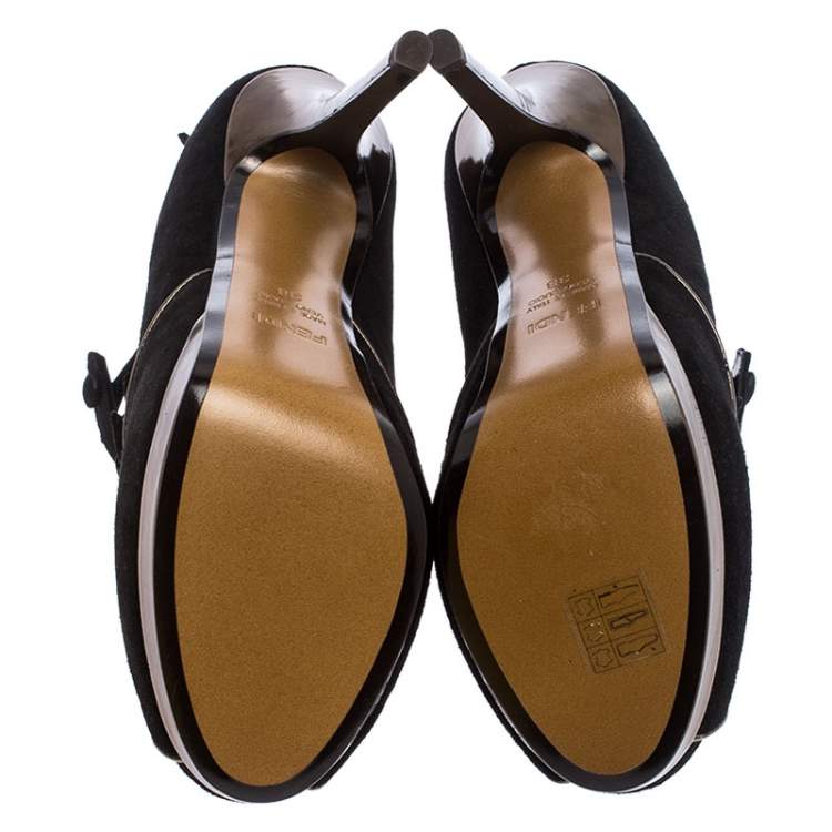 Pre Owned Fendi Black Suede Leather Victorian Peep Toe Platform Pumps Size 38