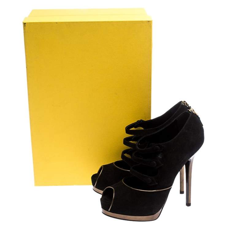 Pre Owned Fendi Black Suede Leather Victorian Peep Toe Platform Pumps Size 38