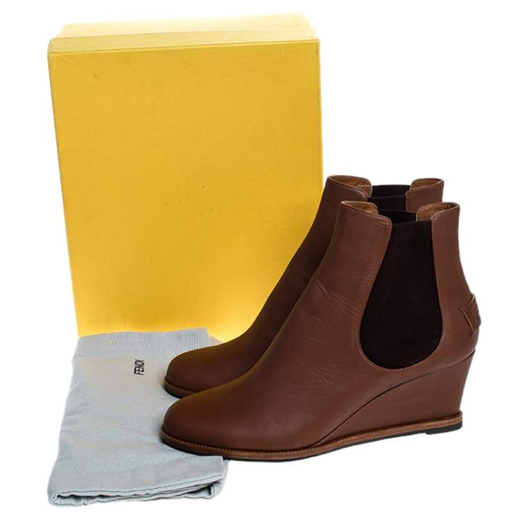 Pre Owned Fendi Brown Leather Wedge Heel Ankle Boots Size 41