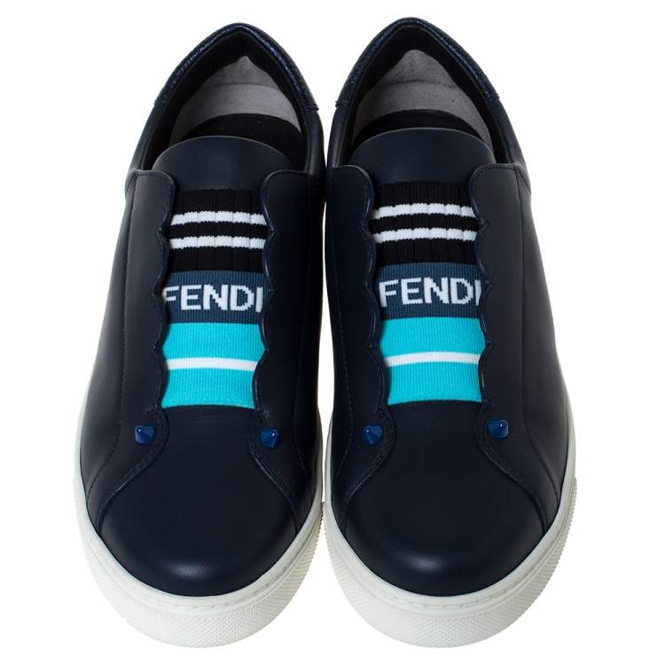 مملوكة مسبقًا Fendi Blue Leather And Logo Knit Rockoclick Slip On Sneakers Size 39