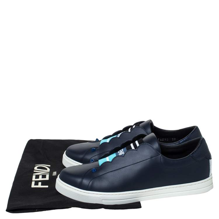 مملوكة مسبقًا Fendi Blue Leather And Logo Knit Rockoclick Slip On Sneakers Size 39
