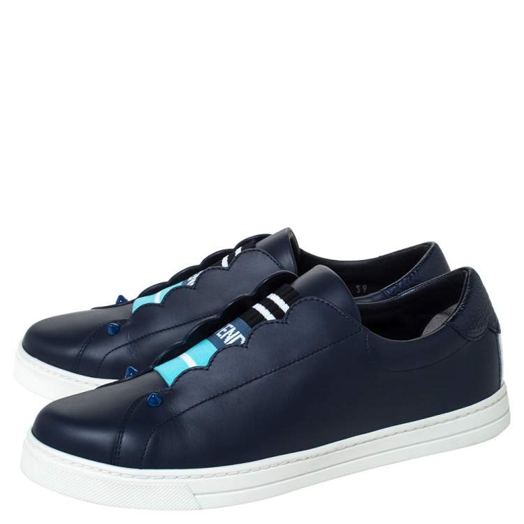 مملوكة مسبقًا Fendi Blue Leather And Logo Knit Rockoclick Slip On Sneakers Size 39