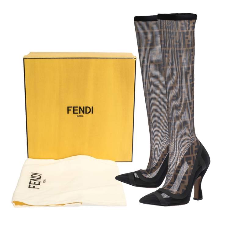 Pre Owned Fendi Black FF Mesh And Leather Trim Knee Length Pointed Toe Boots Size 38