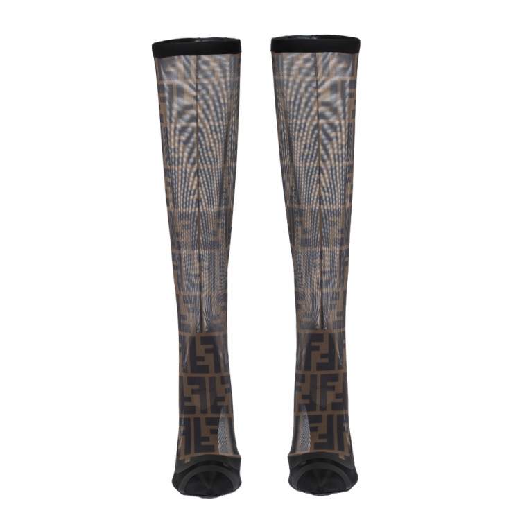 Pre Owned Fendi Black FF Mesh And Leather Trim Knee Length Pointed Toe Boots Size 38