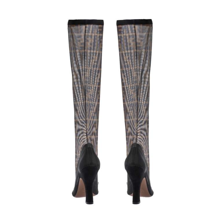 Pre Owned Fendi Black FF Mesh And Leather Trim Knee Length Pointed Toe Boots Size 38