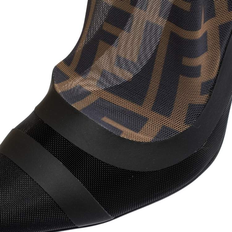 Pre Owned Fendi Black FF Mesh And Leather Trim Knee Length Pointed Toe Boots Size 38