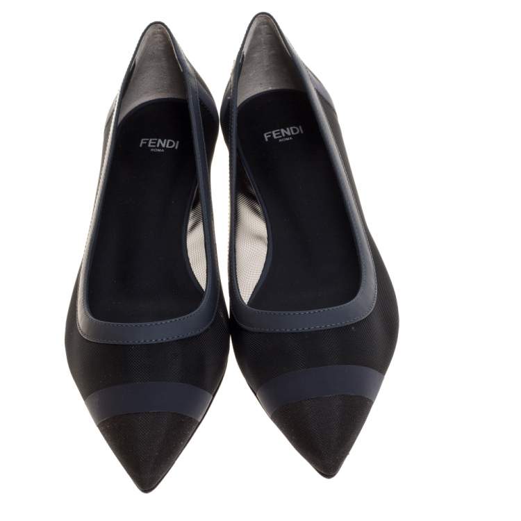 Pre Owned Fendi Black/Navy Blue Mesh Pointed Toe Ballet Flats Size 38