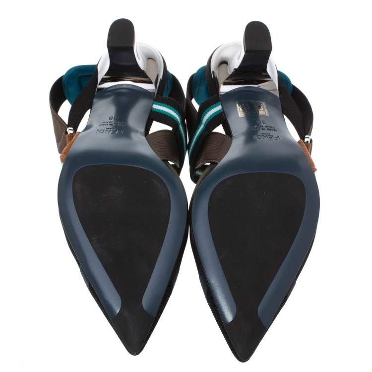 مملوكة مسبقًا Fendi Multicolor Mesh And Fabric Colibri Slingback Pointed Toe Sandals Size 38