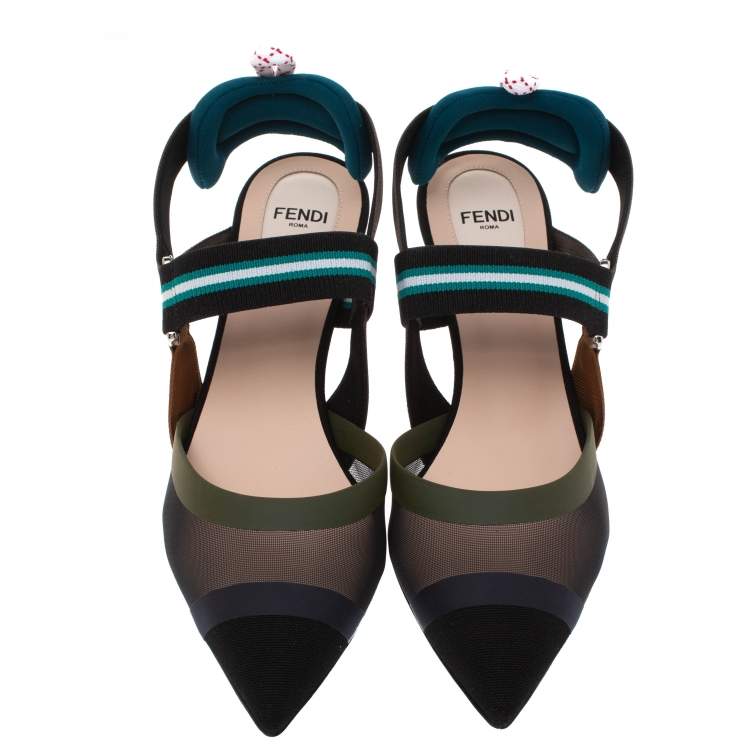 مملوكة مسبقًا Fendi Multicolor Mesh And Fabric Colibri Slingback Pointed Toe Sandals Size 38