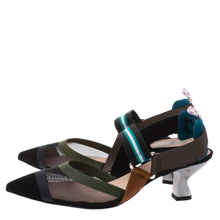 مملوكة مسبقًا Fendi Multicolor Mesh And Fabric Colibri Slingback Pointed Toe Sandals Size 38