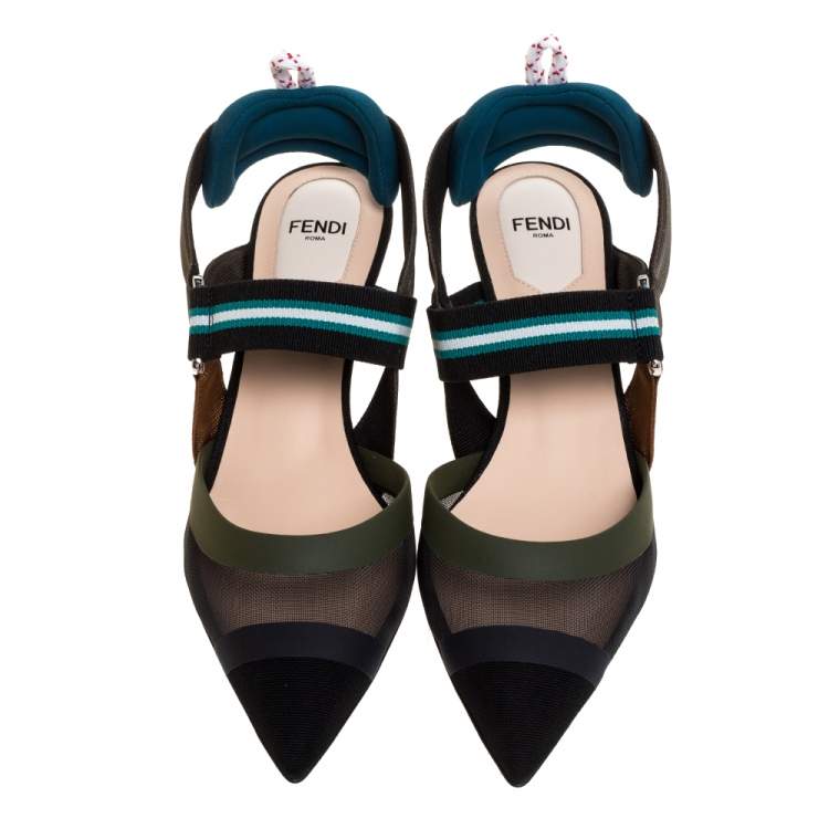 Pre Owned Fendi Multicolor Mesh And Fabric Colibri Slingback Pointed Toe Sandals Size 37