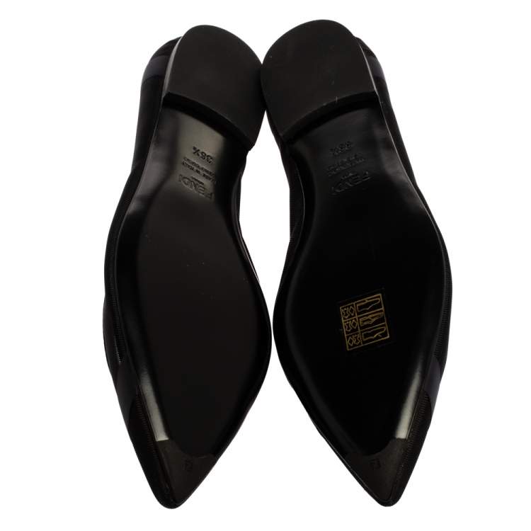 Pre Owned Fendi Black/Blue Mesh And Leather Colibri Pointed Toe Flats Size 36.5