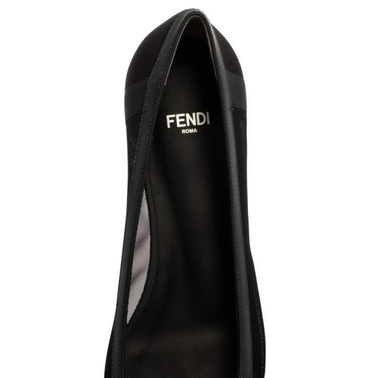 Pre Owned Fendi Black/Blue Mesh And Leather Colibri Pointed Toe Flats Size 36.5