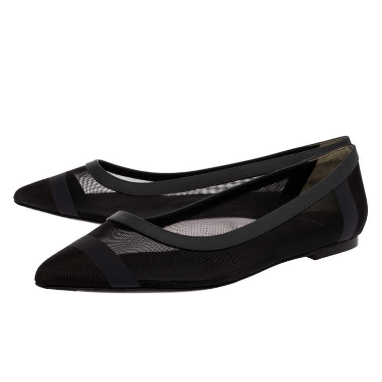 Pre Owned Fendi Black/Blue Mesh And Leather Colibri Pointed Toe Flats Size 36.5