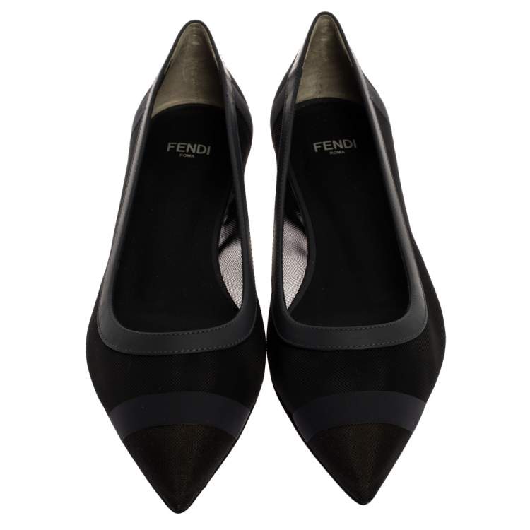Pre Owned Fendi Black/Blue Mesh And Leather Colibri Pointed Toe Flats Size 36.5