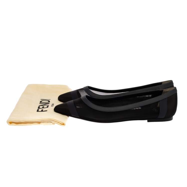 Pre Owned Fendi Black/Blue Mesh And Leather Colibri Pointed Toe Flats Size 36.5