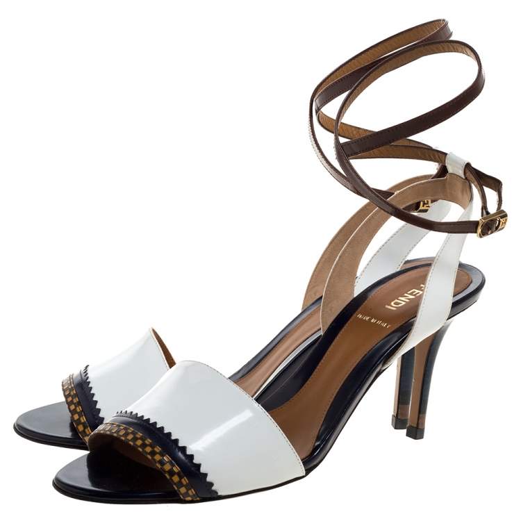 Pre Owned Fendi White Leather Ankle Wrap Sandals Size 39