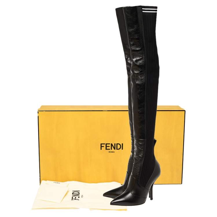 Pre Owned Fendi Black Leather And Stretch Knit Fabric Rockoko Thigh Boots Size 36