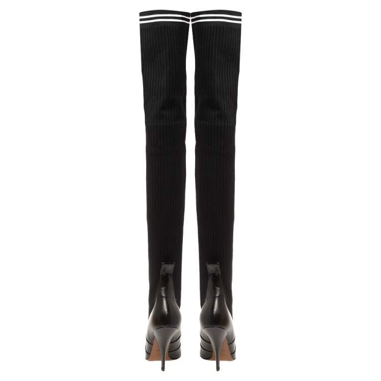 Pre Owned Fendi Black Leather And Stretch Knit Fabric Rockoko Thigh Boots Size 36