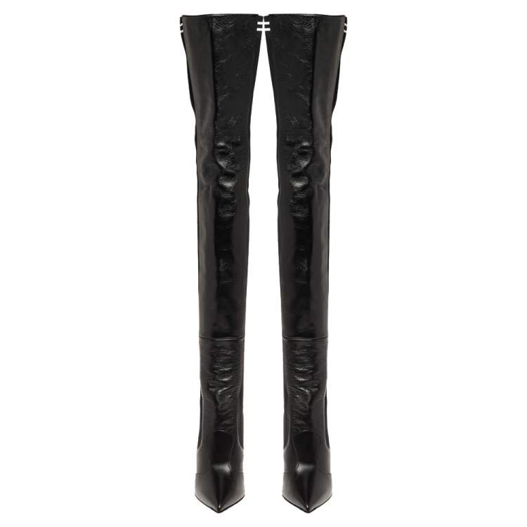 Pre Owned Fendi Black Leather And Stretch Knit Fabric Rockoko Thigh Boots Size 36