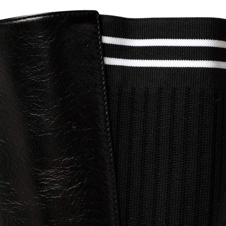 Pre Owned Fendi Black Leather And Stretch Knit Fabric Rockoko Thigh Boots Size 36