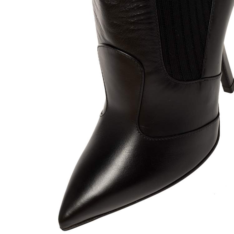 Pre Owned Fendi Black Leather And Stretch Knit Fabric Rockoko Thigh Boots Size 36
