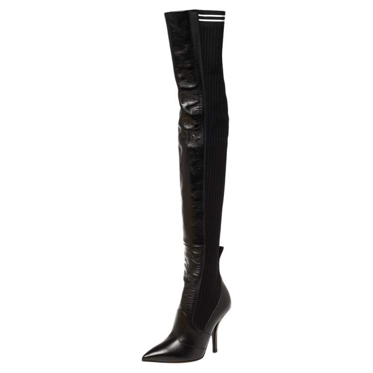 Pre Owned Fendi Black Leather And Stretch Knit Fabric Rockoko Thigh Boots Size 36