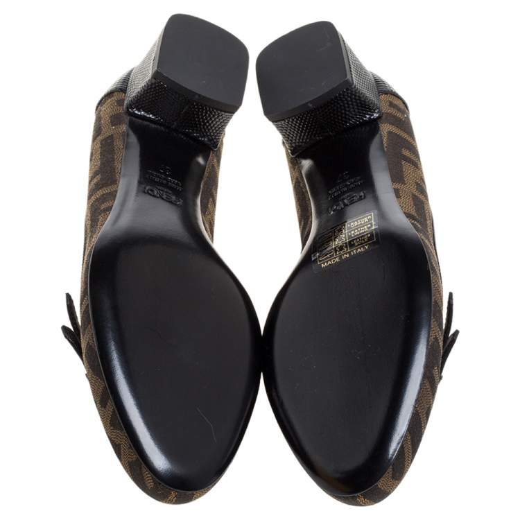 Pre Owned Fendi Brown Tobacco Zucca Canvas And Lizard Embossed Leather Bow Block Heel Pumps Size 37