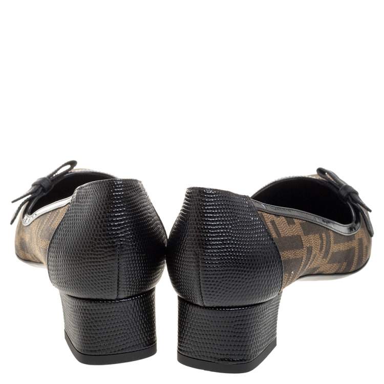Pre Owned Fendi Brown Tobacco Zucca Canvas And Lizard Embossed Leather Bow Block Heel Pumps Size 37