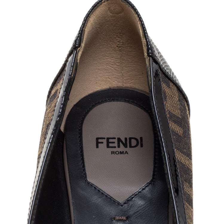 Pre Owned Fendi Brown Tobacco Zucca Canvas And Lizard Embossed Leather Bow Block Heel Pumps Size 37