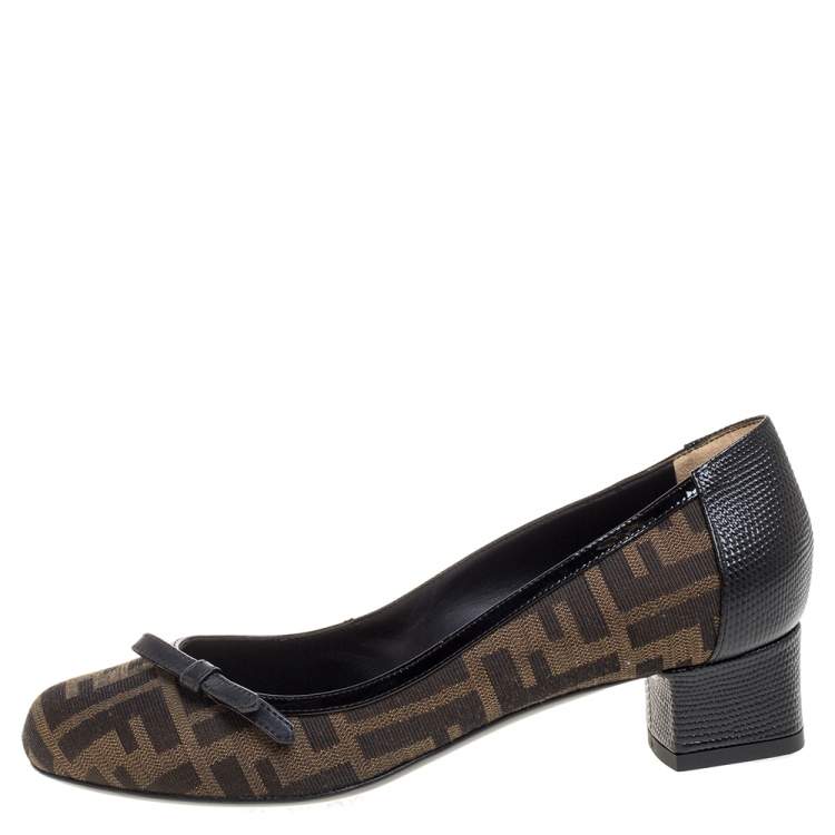Pre Owned Fendi Brown Tobacco Zucca Canvas And Lizard Embossed Leather Bow Block Heel Pumps Size 37