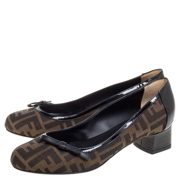 Pre Owned Fendi Brown Tobacco Zucca Canvas And Lizard Embossed Leather Bow Block Heel Pumps Size 37