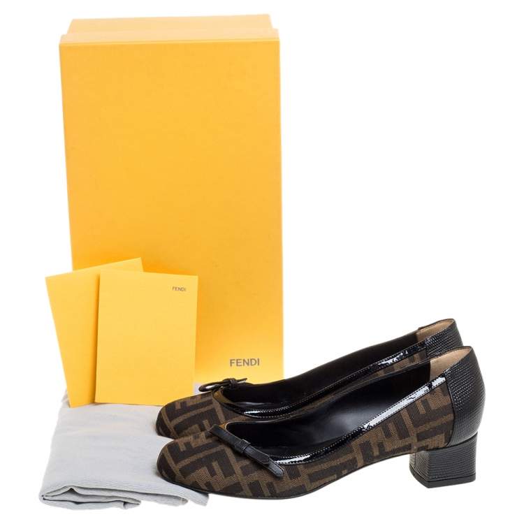 Pre Owned Fendi Brown Tobacco Zucca Canvas And Lizard Embossed Leather Bow Block Heel Pumps Size 37