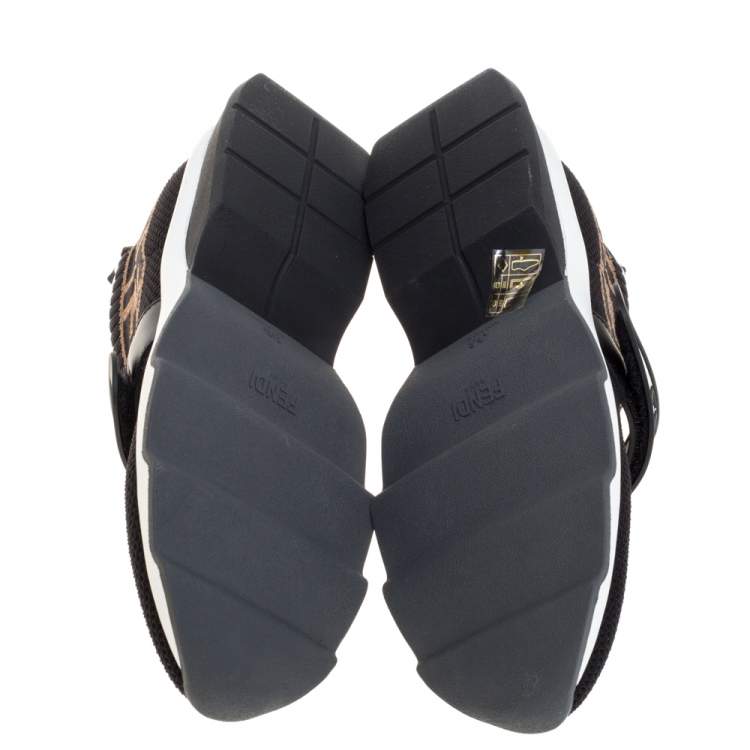 Pre Owned Fendi Black/Brown Knit Fabric Rockoko FF Motif Inlay Sneakers Size 36