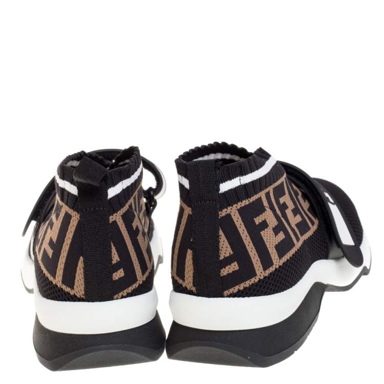Pre Owned Fendi Black/Brown Knit Fabric Rockoko FF Motif Inlay Sneakers Size 36