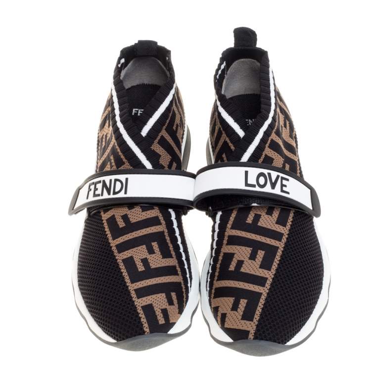 Pre Owned Fendi Black/Brown Knit Fabric Rockoko FF Motif Inlay Sneakers Size 36
