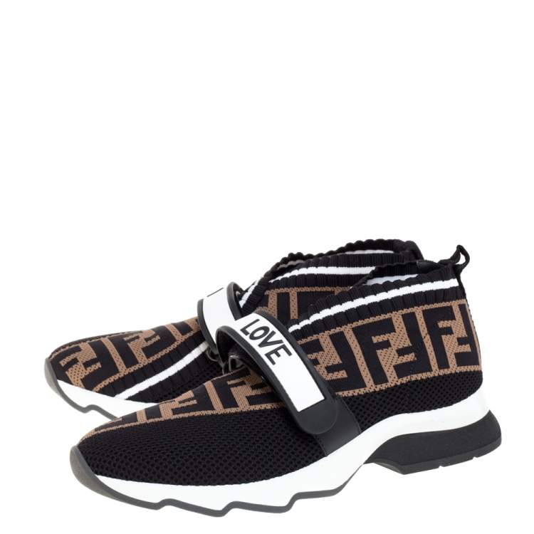 Pre Owned Fendi Black/Brown Knit Fabric Rockoko FF Motif Inlay Sneakers Size 36