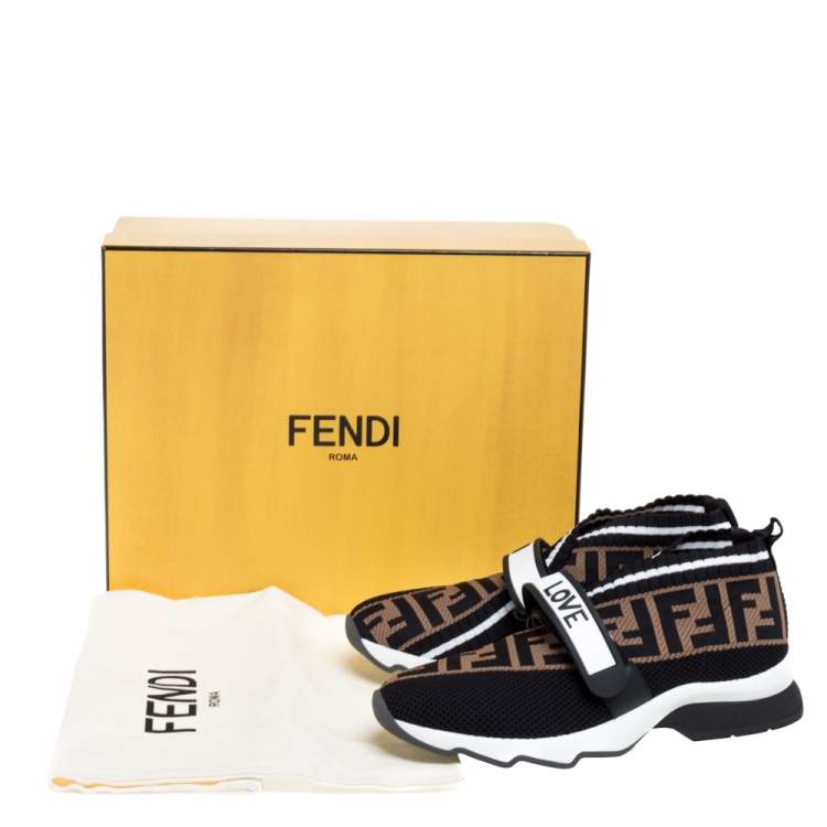 Pre Owned Fendi Black/Brown Knit Fabric Rockoko FF Motif Inlay Sneakers Size 36