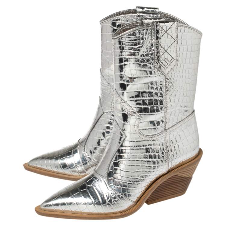Pre Owned Fendi Silver Croc Embossed Leather Cutwalk Cowboy Boots Size 38