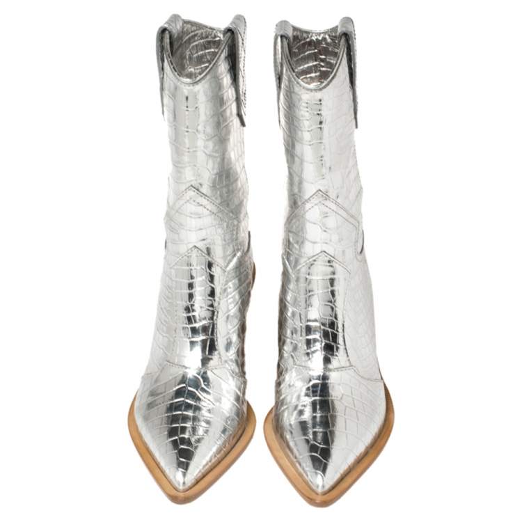 Pre Owned Fendi Silver Croc Embossed Leather Cutwalk Cowboy Boots Size 38