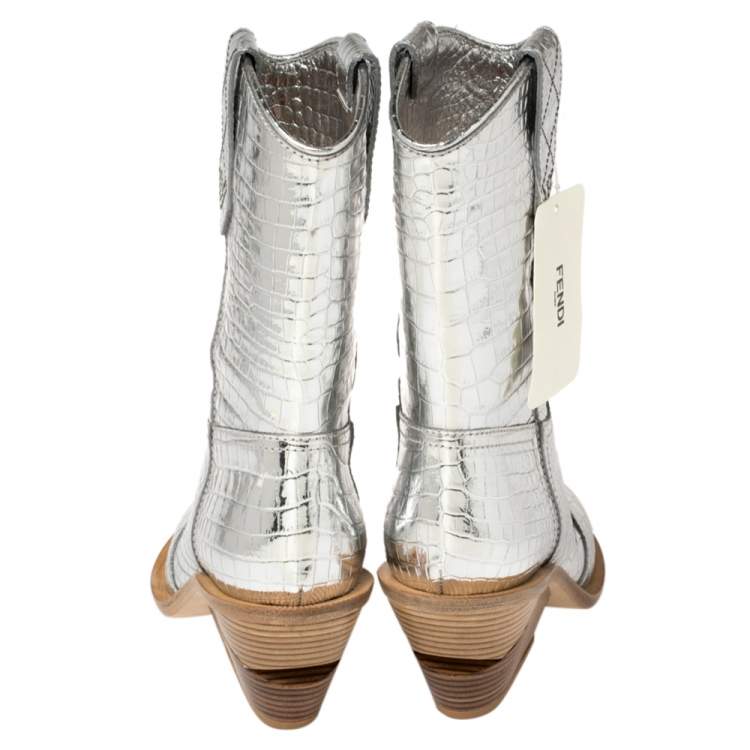 Pre Owned Fendi Silver Croc Embossed Leather Cutwalk Cowboy Boots Size 38