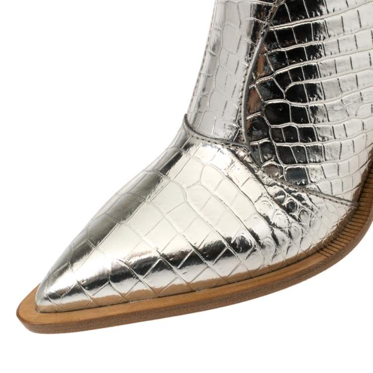 Pre Owned Fendi Silver Croc Embossed Leather Cutwalk Cowboy Boots Size 38