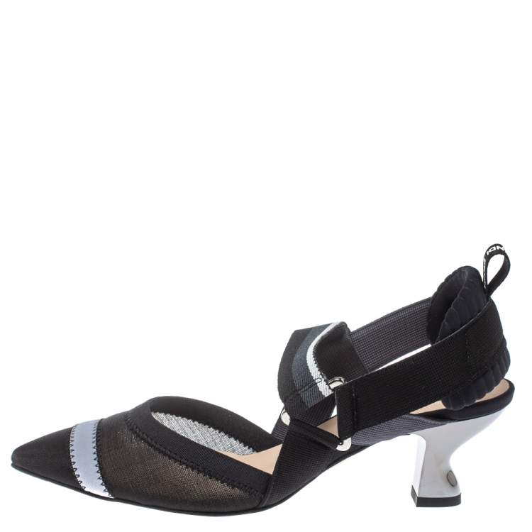 مملوكة مسبقًا Fendi Multicolor Mesh And Fabric Colibri Slingback Pointed Toe Sandals Size 37.5