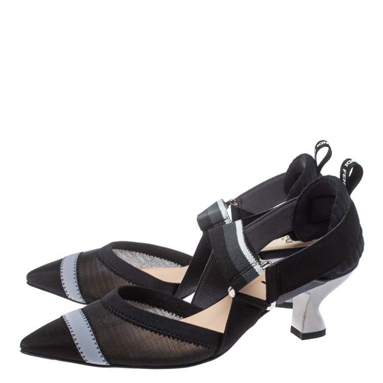 مملوكة مسبقًا Fendi Multicolor Mesh And Fabric Colibri Slingback Pointed Toe Sandals Size 37.5