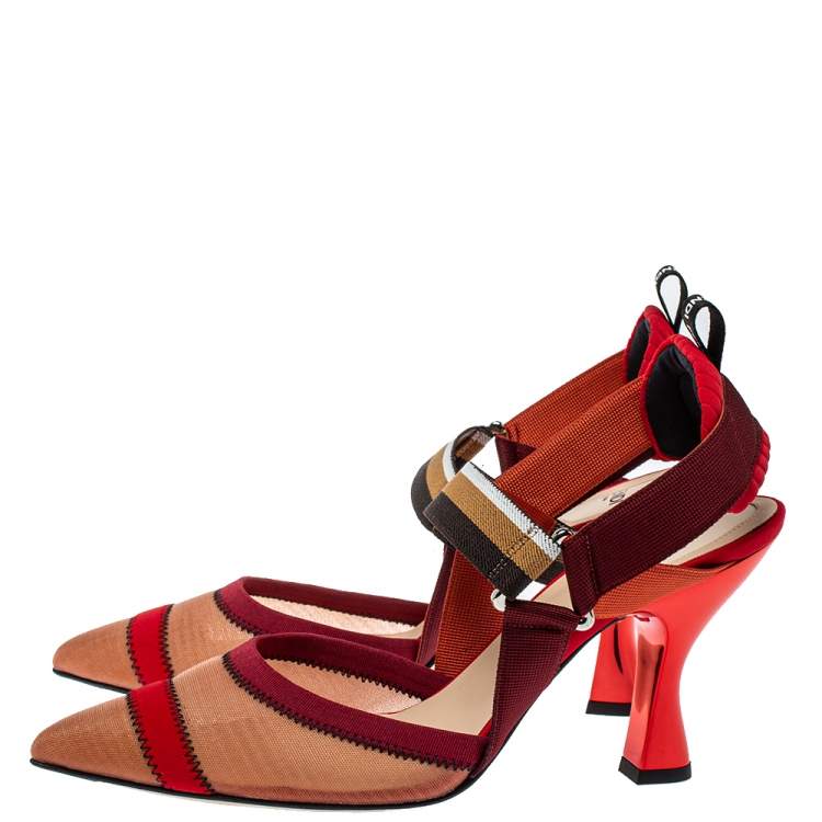 Pre Owned Fendi Multicolor Mesh And Fabric Colibri Slingback Sandals Size 40