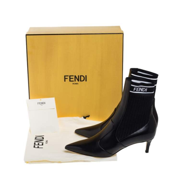 Pre Owned Fendi Black Leather And Knit Fabric Rockoko Pointed Toe Ankle Booties Size 37