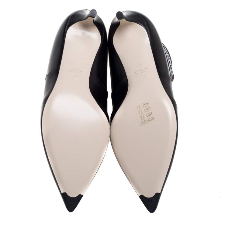 Pre Owned Fendi Black Leather And Knit Fabric Rockoko Pointed Toe Ankle Booties Size 37